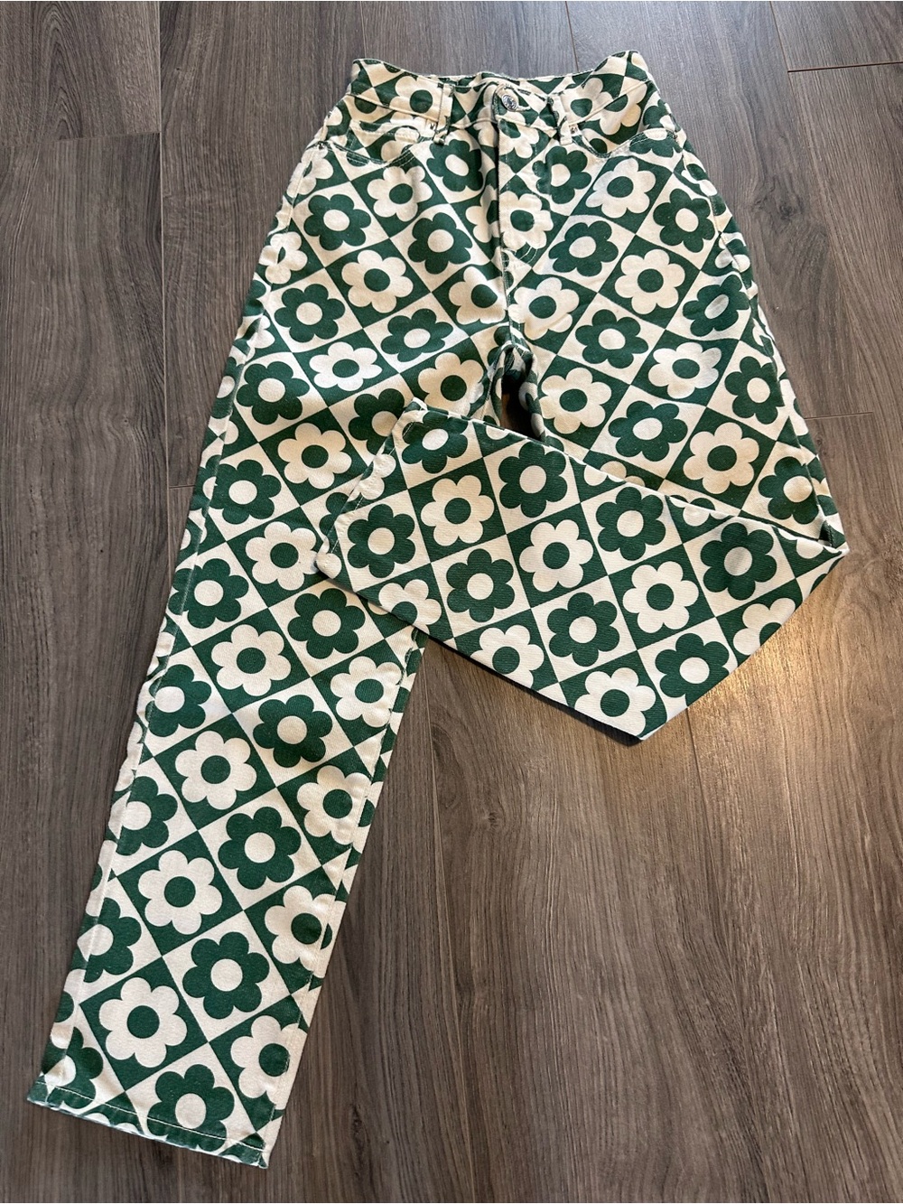 Pac Sun Green and Cream Floral Checker High-Rise Jeans